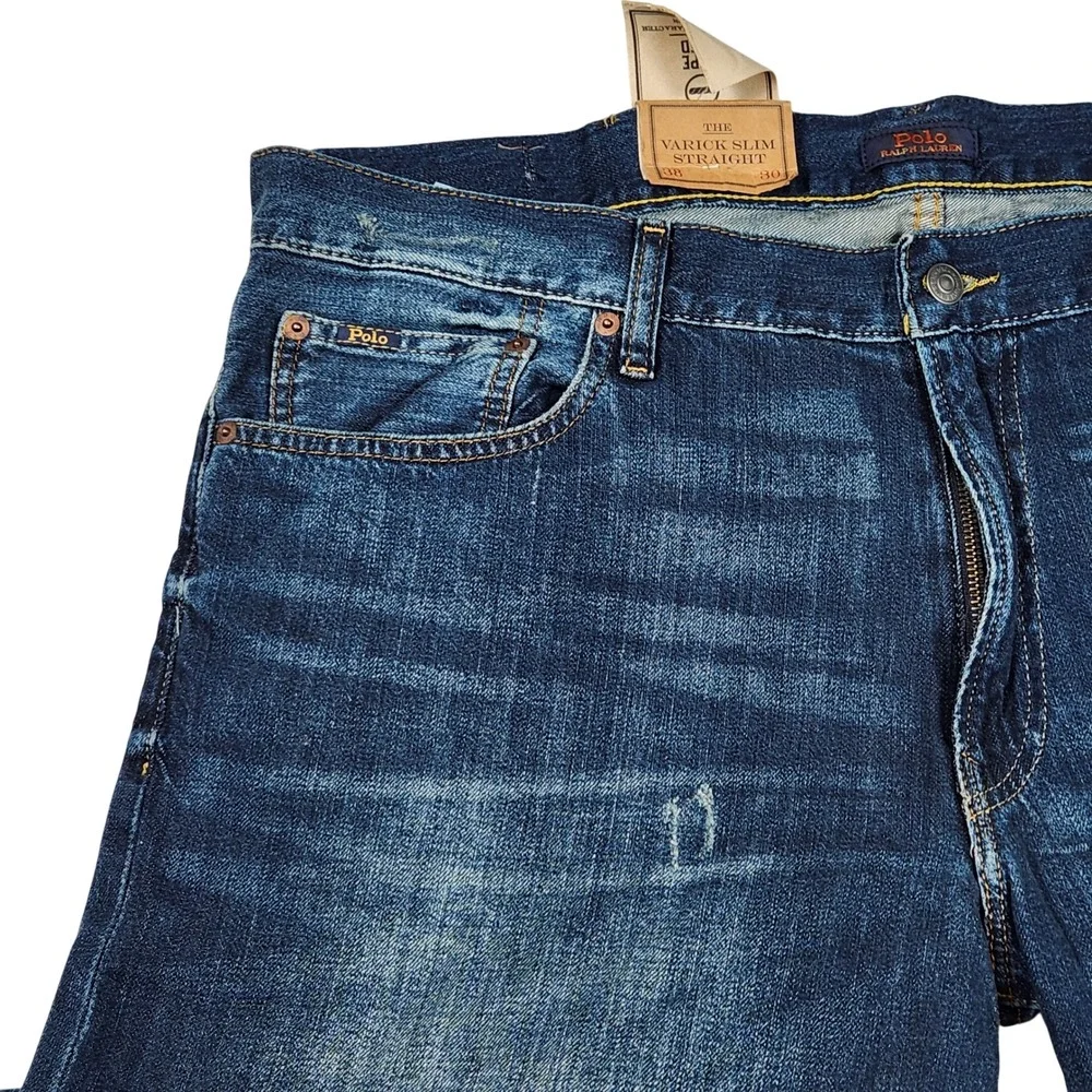 Polo Ralph Lauren Varick Slim Straight Jeans Dark Wash Distressed Mens 34x30 New